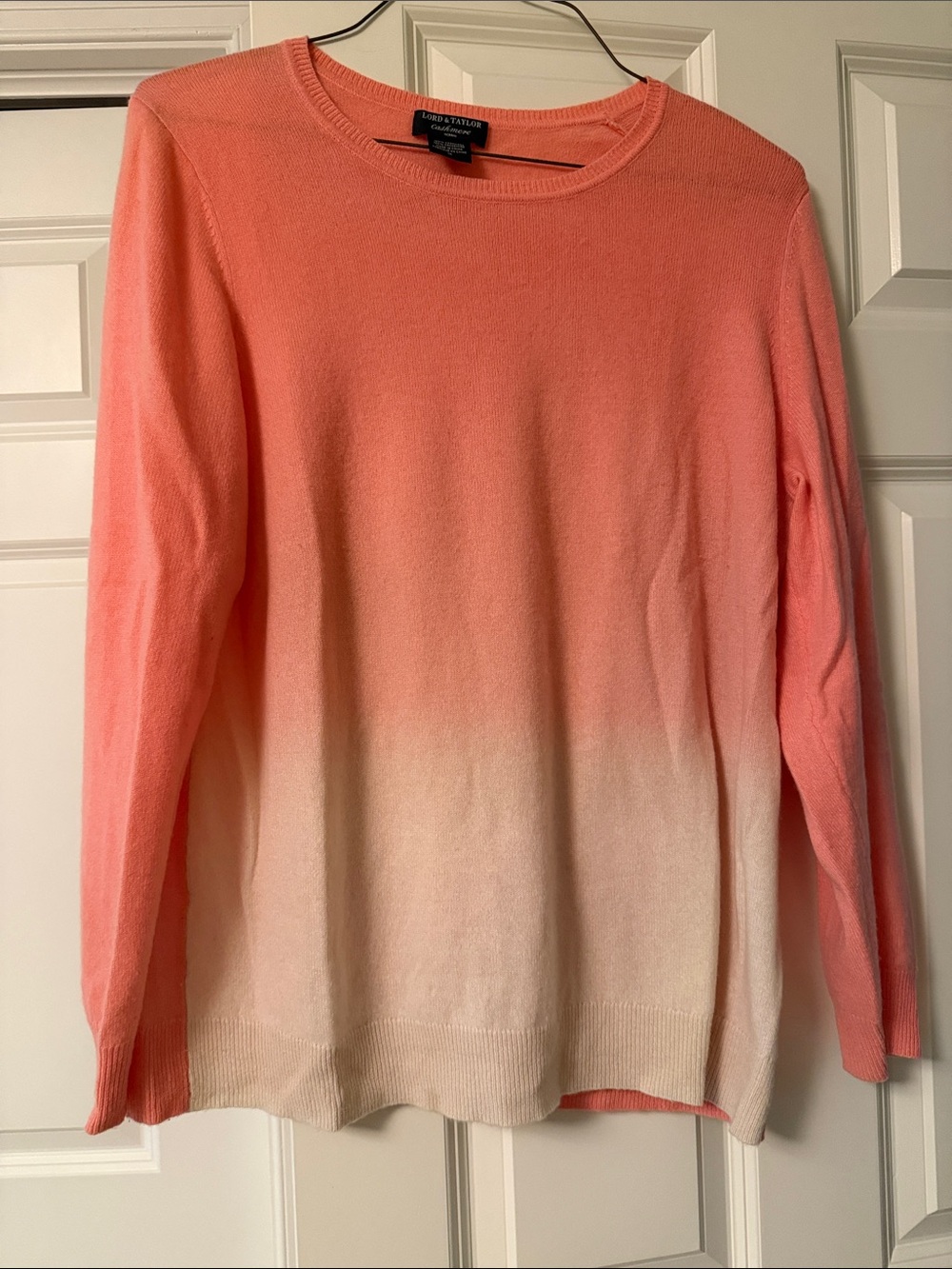 Lord & Taylor 100 % Cashmere Coral to Cream Ombre Crewneck Sweater